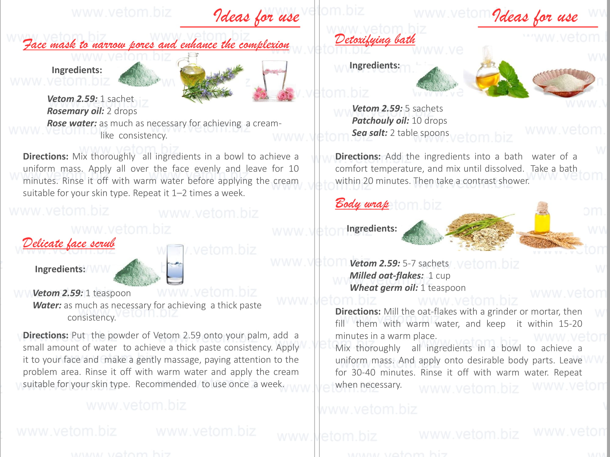 Vetom 2.59 - Green cosmetic clay. Ideas for use: Face mask to narrow pores and enhance the complexion, Delicate face scrub, Detoxifying bath, Body wrap.